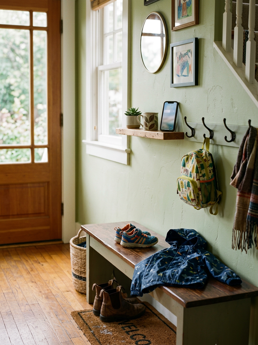 A hallway bench with small shoes and a rain jacket, and a phone leaning on the shelf above