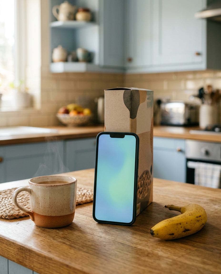 A phone propped against a cereal box on a kitchen counter, next to a mug and a banana