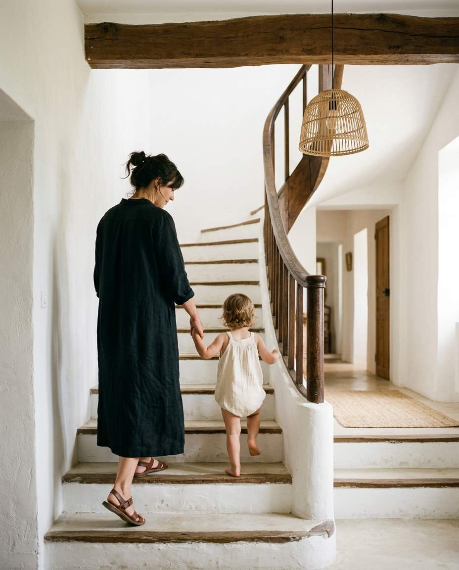 A parent walking upstairs in a white stone house, holding a toddler’s hand