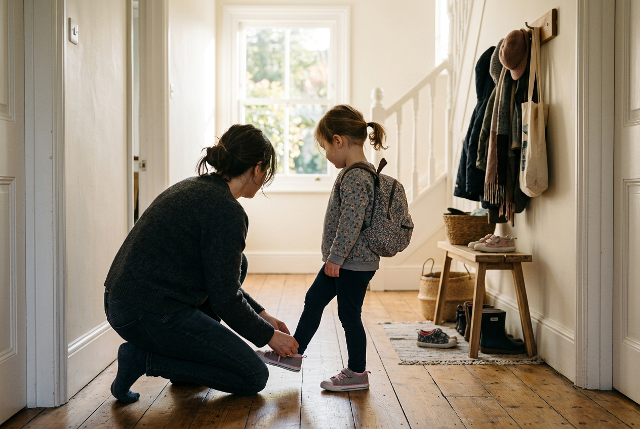 A parent kneeling to help a small child with her shoes in a bright hallway