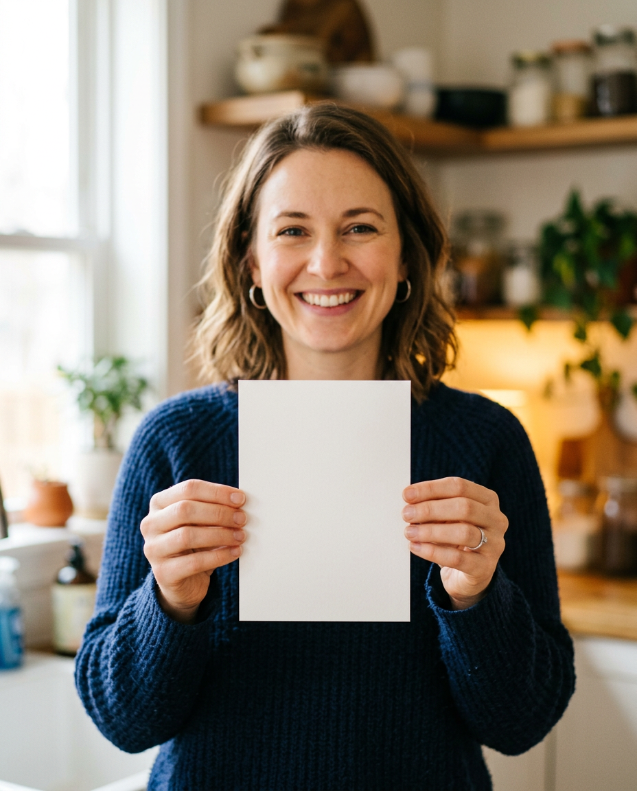 A smiling parent in a navy sweater holding up a card in a bright kitchen