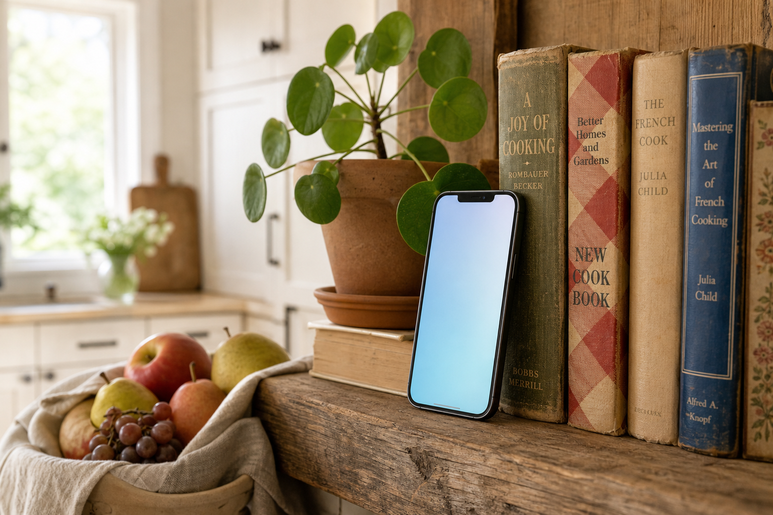 A hand leaning a phone against a row of cookbooks beside a bowl of fruit on a kitchen counter