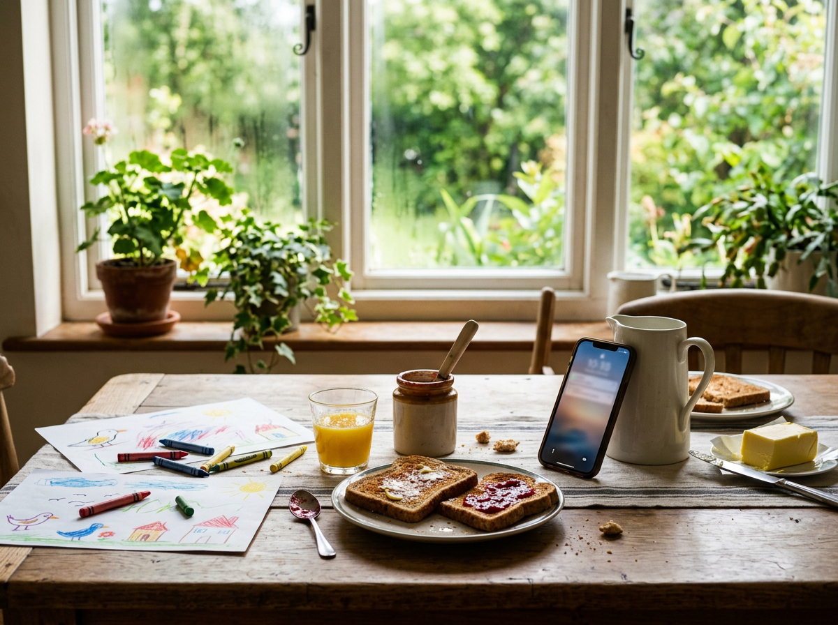 Toast, jam and crayon drawings on a breakfast table, with a phone propped against a milk jug